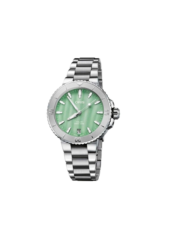 Reloj automático con reserva de marcha de hasta 38h, caja de acero de 36.50mm, esfera de nácar verde, ventana de fecha y brazale