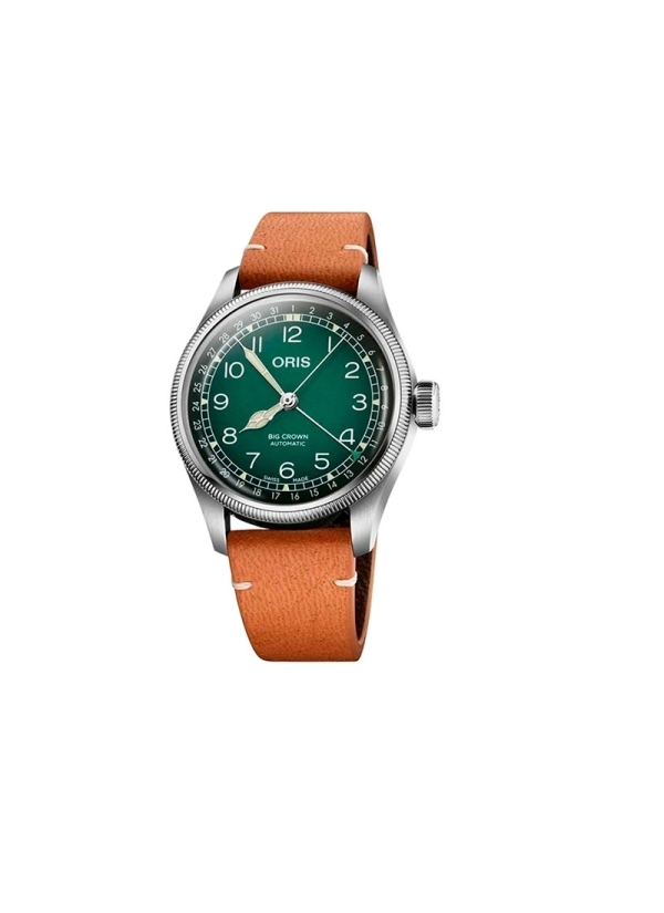 Reloj automático con reserva de marcha de hasta 38h, caja de acero de 38 mm, esfera verde con aguja indicadora de fecha. El braz