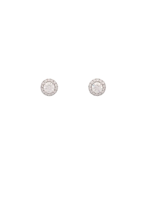 Pendientes de oro blanco de 18Kt con un diamante talla brillante en el centro de 0,17ct, rodeado por una orla de 14 pequeños bri