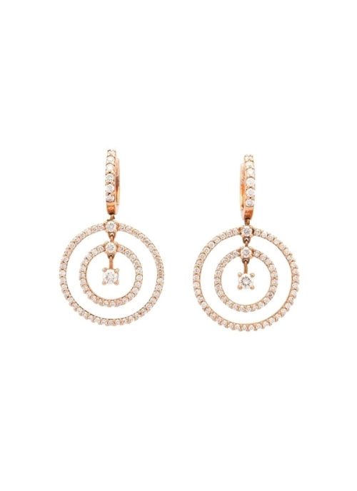 Pendientes de oro rosa de 18Kt, pequeña criolla con 6 brillantes de la que penden diamantes talla brillante , 3 en fila,  41 y 2