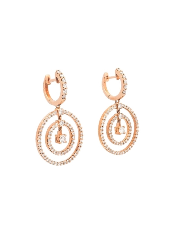 Pendientes de oro rosa de 18Kt, pequeña criolla con 6 brillantes de la que penden diamantes talla brillante , 3 en fila,  41 y 2