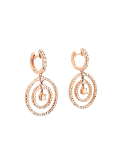 Pendientes de oro rosa de 18Kt, pequeña criolla con 6 brillantes de la que penden diamantes talla brillante , 3 en fila,  41 y 2