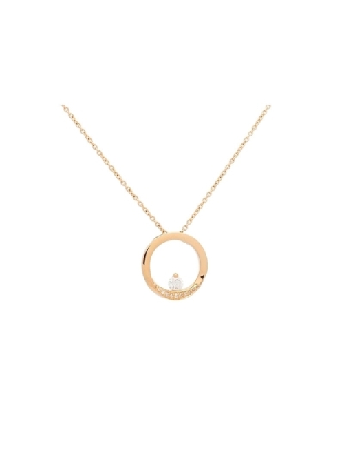 Cadena de oro amarillo de 18Kt con un colgante en forma de aro fino en su mayor parte con acabado brillante, en una pequeña zona