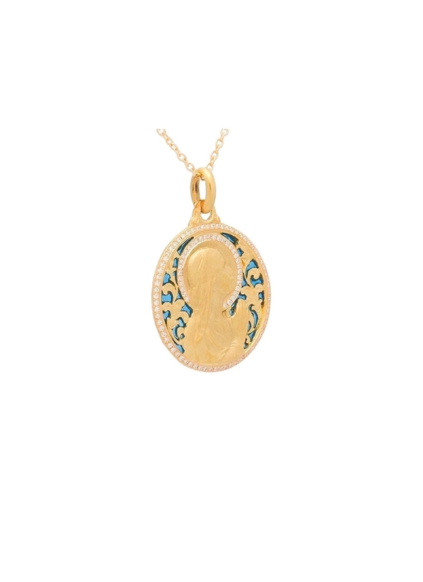 Medalla de oro amarillo de 18Kt, ave manos de 22mm calada, con esmalte de color azul, tipo vitral. Lleva engastados en el velo 3 2