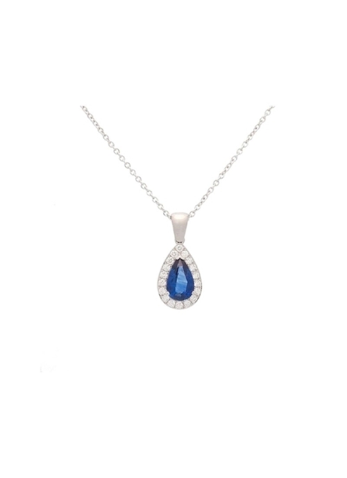 Cadena de oro blanco de18Kt con un colgante en forma de gota que lleva engastado en el centro un zafiro talla perilla de 1,24ct 