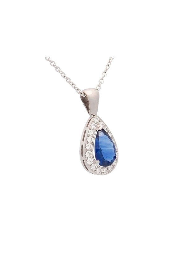 Cadena de oro blanco de18Kt con un colgante en forma de gota que lleva engastado en el centro un zafiro talla perilla de 1,24ct 
