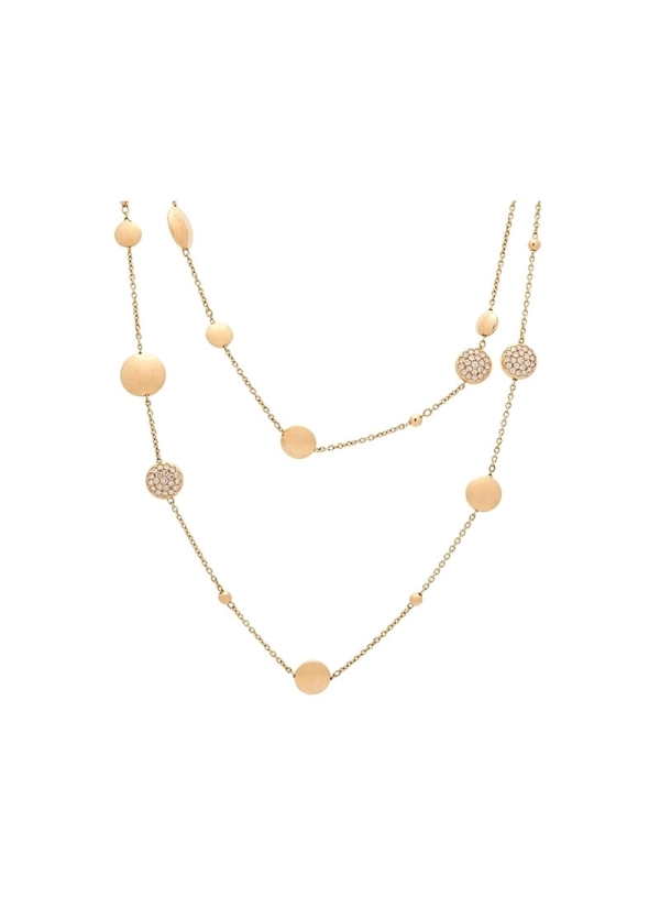 0Cadena de oro amarillo de 18Kt con bolitas y varios círculos de oro de distinto tamaño, unos sólo de metal y otros engastados c