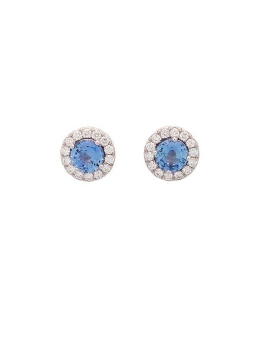 Pareja de zafiros de bonito color, talla redonda de 6,10mm de diametro y 1,96ct, rodeados por una orla de diamantes talla brilla