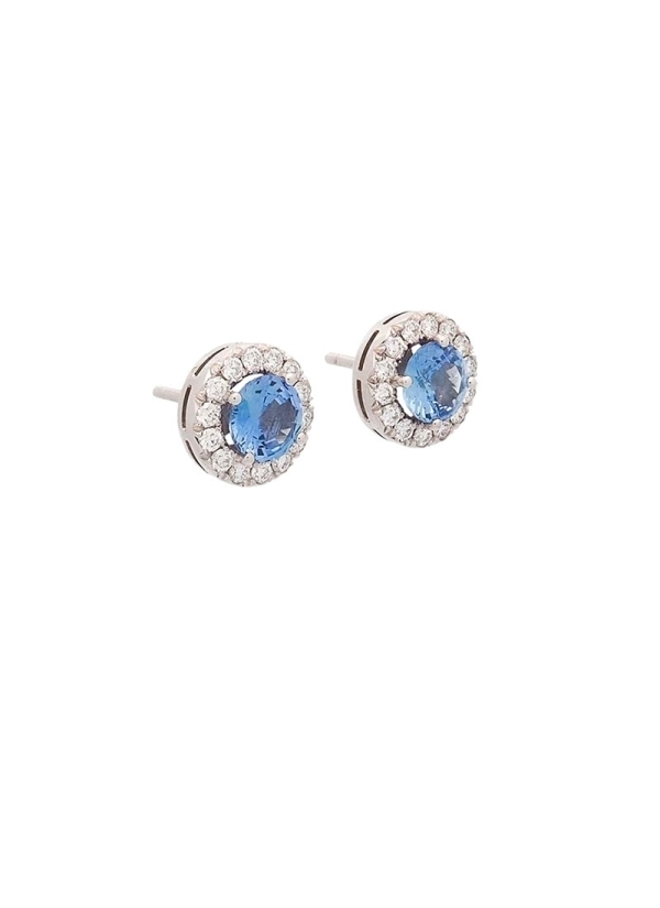 Pareja de zafiros de bonito color, talla redonda de 6,10mm de diametro y 1,96ct, rodeados por una orla de diamantes talla brilla
