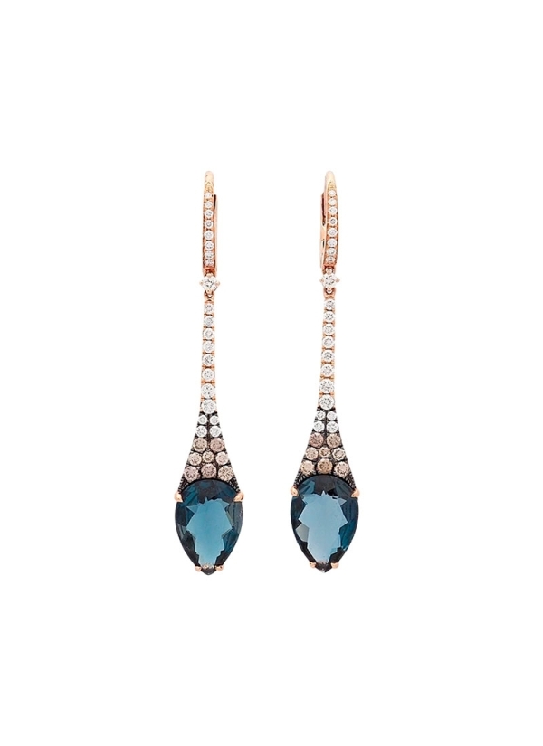 Pendientes largos de oro rosa de 18Kt, forma lanceolada, con una perilla de topacio azul London (peso total de ambos 7,08ct), co 2
