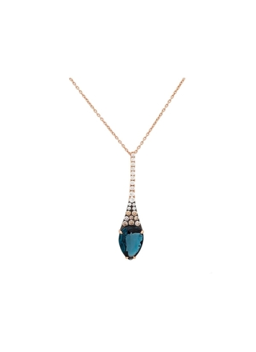 Cadena de oro rosa de 18Kt, con motivo lanceolado, formado por una perilla de topacio azul london de 3,48ct. En disminución haci
