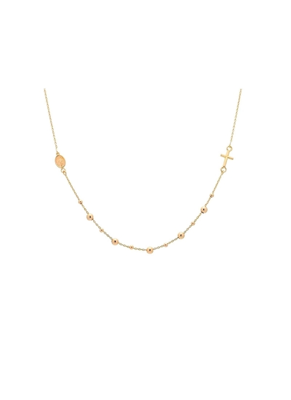 Cadena de oro amarillo, con bolitas, de dos tamaños distintos, una pequeña cruz y una medalla de la Virgen Milagrosa, de pequeño