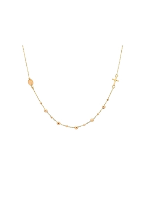Cadena de oro amarillo, con bolitas, de dos tamaños distintos, una pequeña cruz y una medalla de la Virgen Milagrosa, de pequeño