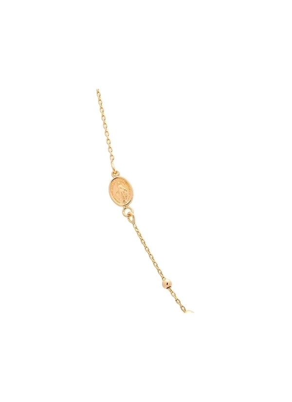 Cadena de oro amarillo, con bolitas, de dos tamaños distintos, una pequeña cruz y una medalla de la Virgen Milagrosa, de pequeño
