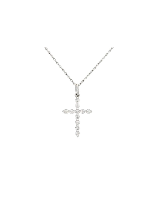 Cruz de oro blanco de 18Kt de contorno inusual, formada por 11 diamantes talla brillante con un peso total de 0,23ct y calidad d