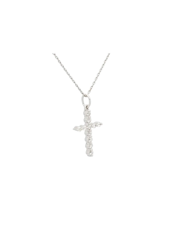 Cruz de oro blanco de 18Kt de contorno inusual, formada por 11 diamantes talla brillante con un peso total de 0,23ct y calidad d
