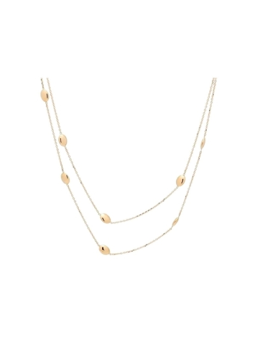 Cadena doble de oro amarillo de 18Kt, la externa mide 45cm y tiene 5 motivos ovalados; la interna mide 40cm y tiene 3 motivos ov