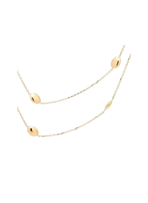 Cadena doble de oro amarillo de 18Kt, la externa mide 45cm y tiene 5 motivos ovalados; la interna mide 40cm y tiene 3 motivos ov