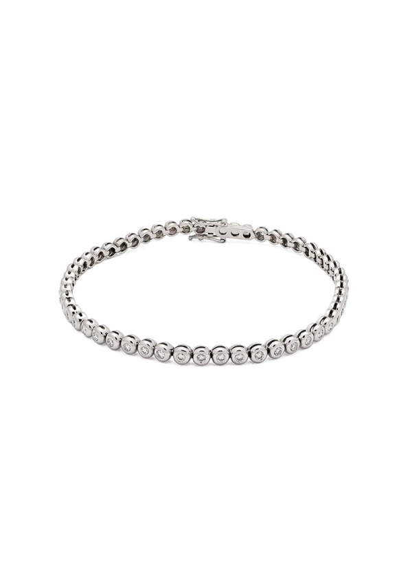 Pulsera de oro blanco de 18Kt y 18cm de largo, con 53 chatones. En cada uno de ellos, un diamante talla brillante.  Peso total d