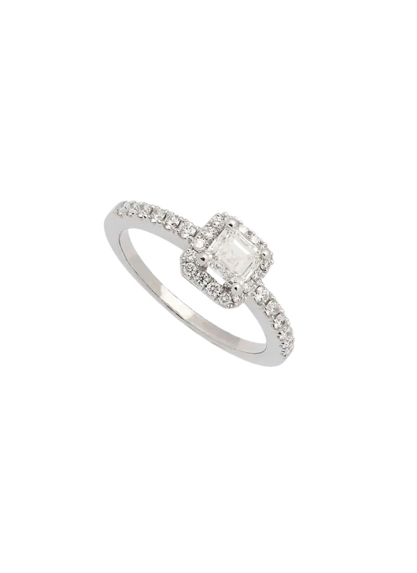 Anillo de oro blanco de 18Kt, hecho a mano, con un diamante central talla Asscher con certificado GIA F VS1, de 0,49ct rodeado p