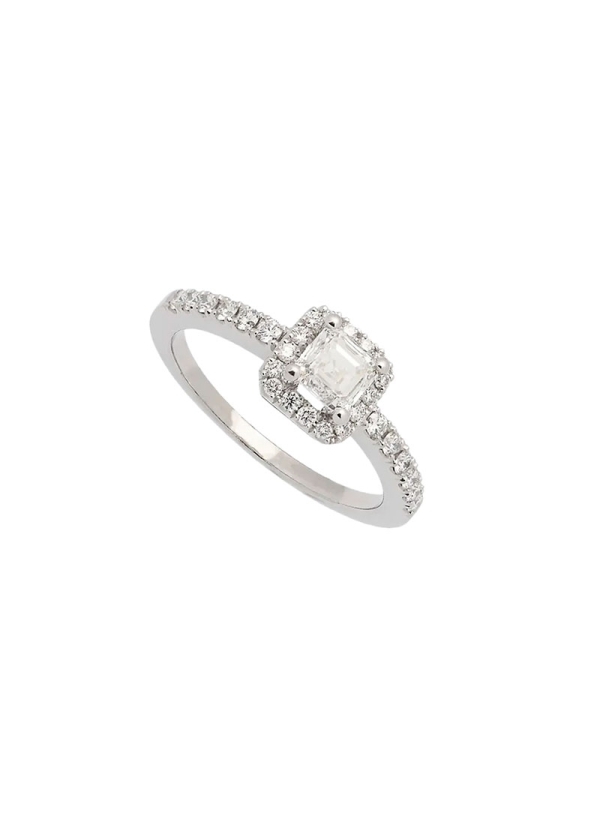 Anillo de oro blanco de 18Kt, hecho a mano, con un diamante central talla Asscher con certificado GIA F VS1, de 0,49ct rodeado p