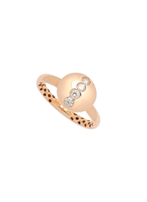 Anillo de oro rosa de 18Kt, con un motivo central redondo y brillante con 4 diamantes talla brillante engastados a la rusa, en u