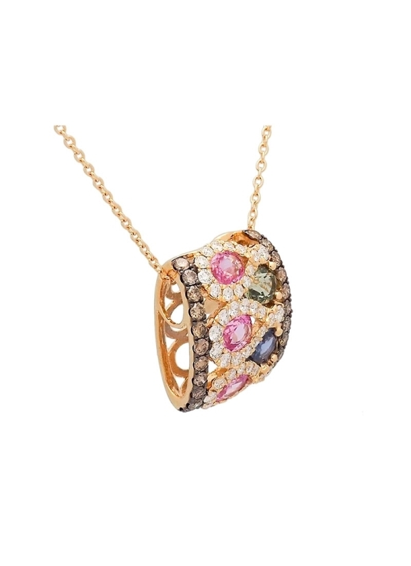 Cadena de oro amarillo de 18kt, con un colgante de contorno rectangular de bordes ovalados, con 3 zafiros rosas de talla oval, r