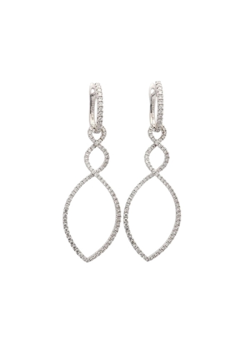 Pendientes de oro blanco de 18Kt, con diamantes talla brillante en una criolla, de la que pende un colgante desmontable de forma