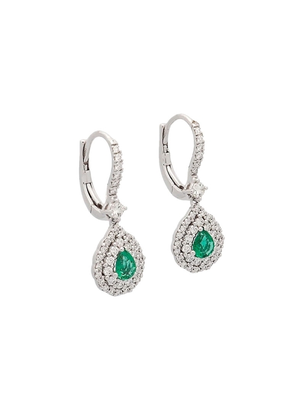 Pendientes de oro blanco de 18Kt criolla unida por una diamante a una doble orla de brillantes rodeando a una esmeralda talla pe 2