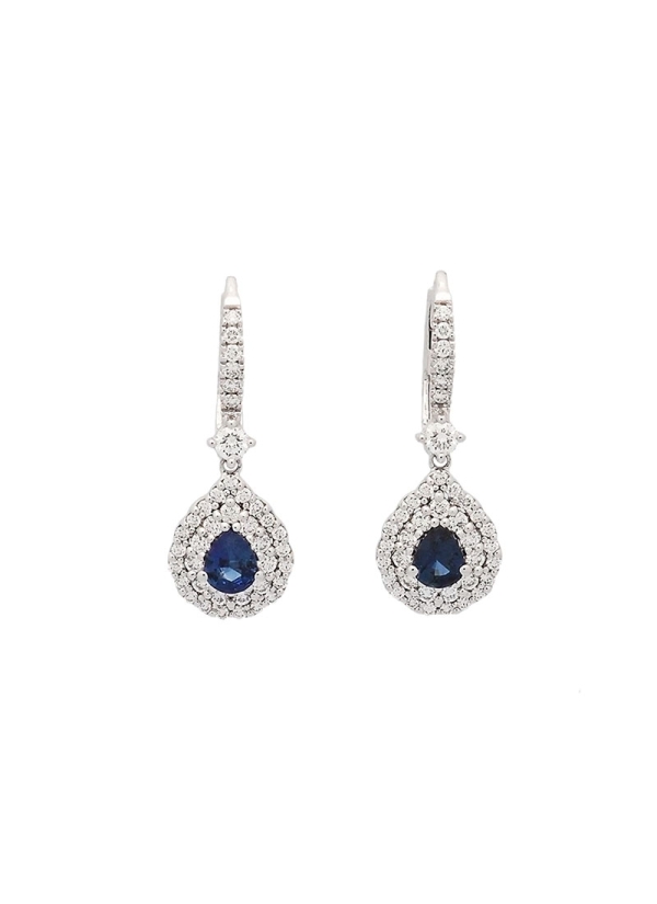 Pendientes de oro blanco de 18Kt criolla unida por una diamante a una doble orla de brillantes rodeando a un zafiro talla perill