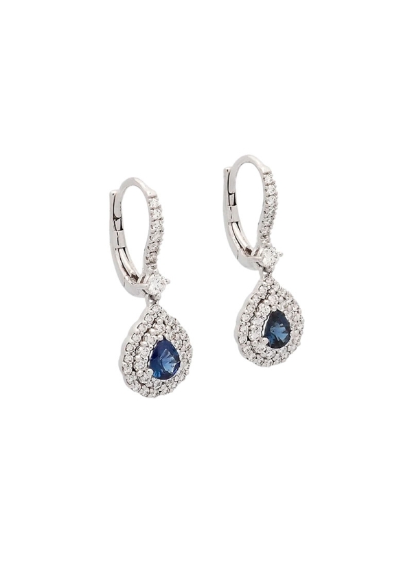 Pendientes de oro blanco de 18Kt criolla unida por una diamante a una doble orla de brillantes rodeando a un zafiro talla perill 2