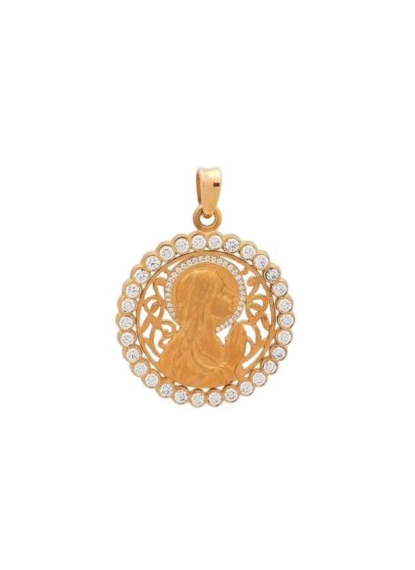 Medalla de oro amarillo de 18Kt, Virgen niña rezando, calada, con 33 diamantes talla brillante en el velo, con un peso total de