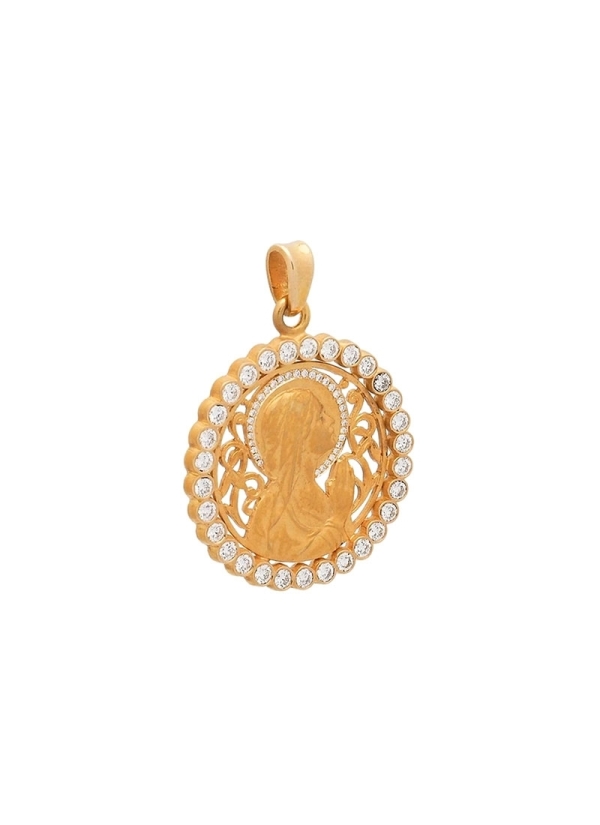 Medalla de oro amarillo de 18Kt, Virgen niña rezando, calada, con 33 diamantes talla brillante en el velo, con un peso total de  2