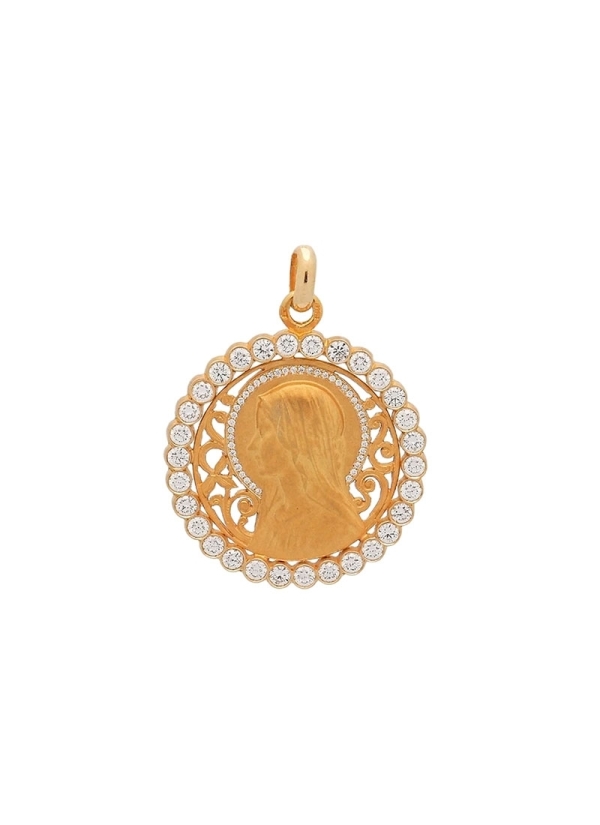 Medalla calada de oro amarillo de 18Kt, Virgen niña con velo, en el que lleva engastados 42 diamates talla brillante con un peso