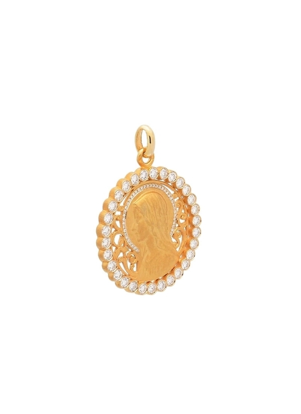 Medalla calada de oro amarillo de 18Kt, Virgen niña con velo, en el que lleva engastados 38 diamates talla brillante con un peso