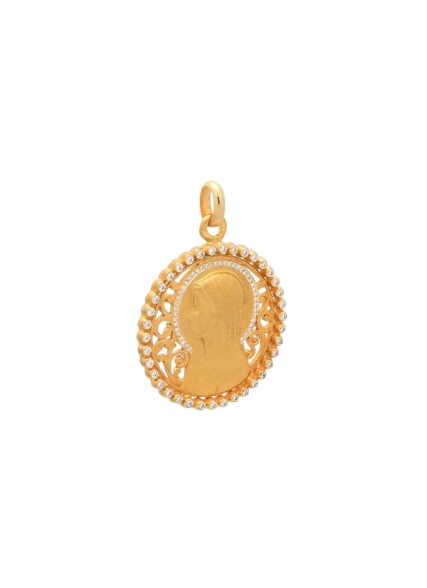 Medalla calada de oro amarillo de 18Kt, Virgen niña con velo, en el que lleva engastados 43 diamates talla brillante con un peso 2