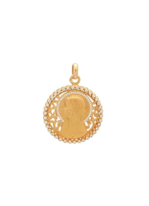Medalla calada de oro amarillo de 18Kt, Virgen niña con velo, en el que lleva engastados 40 diamantes talla brillante con un pes