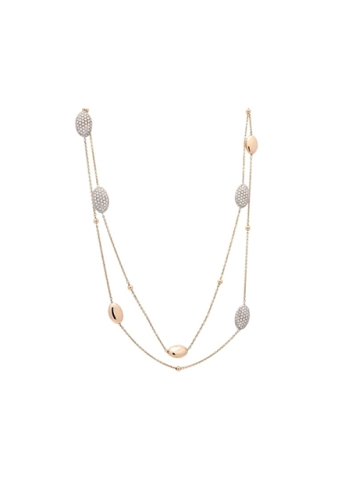 Cadena larga de oro rosa de 18Kt, con una serie de formas ovaladas de oro sólo o con pavé de diamantes talla brillante. Peso tot