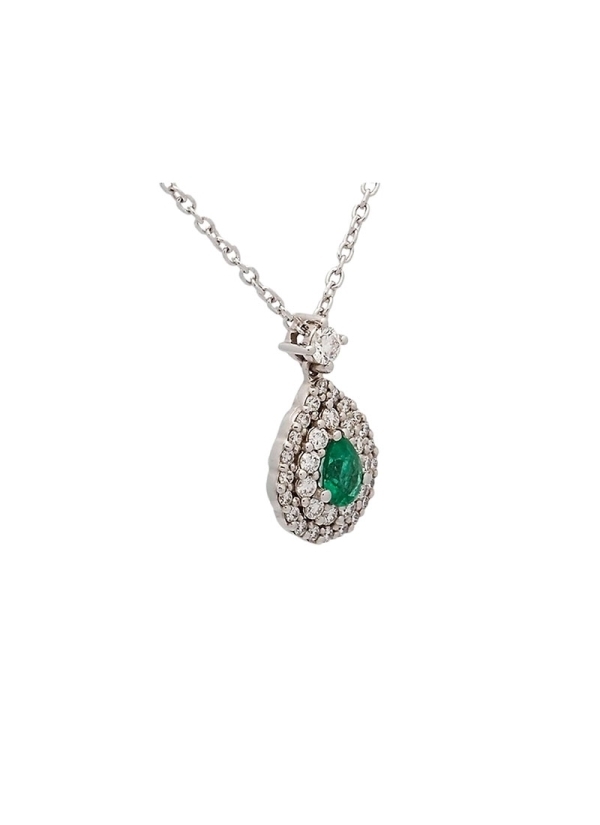 Cadena de oro blanco de 18Kt, con un colgante formado por un diamante talla brillante del que pende una doble orla (11 y 21) de 