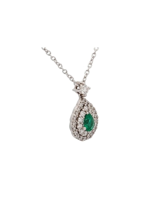 Cadena de oro blanco de 18Kt, con un colgante formado por un diamante talla brillante del que pende una doble orla (11 y 21) de 
