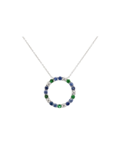 Cadena de oro blanco de 18Kt, con un colgante circular, formado por zafiros y tsavoritas de talla redonda con diamantes talla br