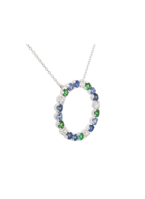 Cadena de oro blanco de 18Kt, con un colgante circular, formado por zafiros y tsavoritas de talla redonda con diamantes talla br