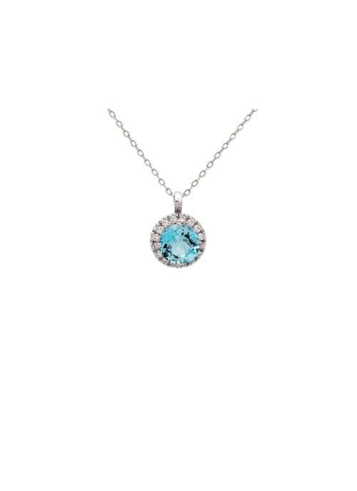 Fina cadena de oro blanco de 18Kt, de 40cm de largo y un asa intermedia a 38cm, con un colgante que lleva en el centro un topaci