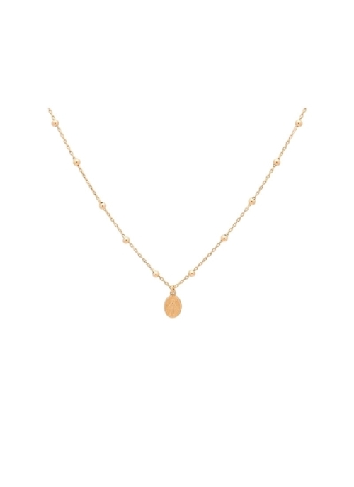 Fina cadena de oro amarillo de 18Kt, de 40cm de largo, con pequeñas bolitas y una pequeña medalla de la Virgen Milagrosa.