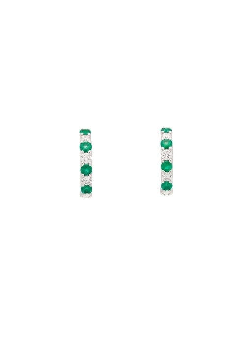 Pendientes de oro blanco de 18Kt, criolla con 4 esmeraldas (0,35ct) y 3 diamantes talla brillante (0,20ct), engastados en garras