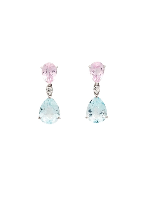 Pendientes de oro blanco de 18Kt, con kunzita talla pera encontrada con un topacio sky en talla perilla unidos por un diamante t