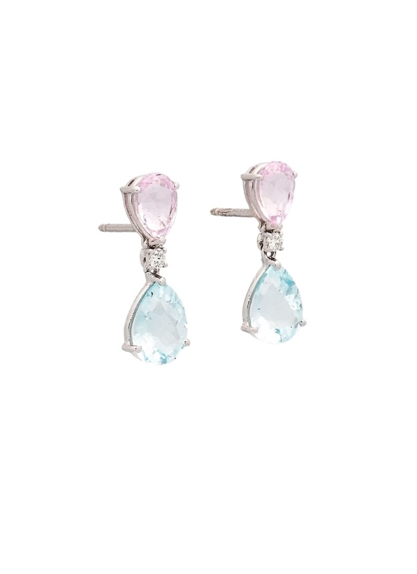 Pendientes de oro blanco de 18Kt, con kunzita talla pera encontrada con un topacio sky en talla perilla unidos por un diamante t