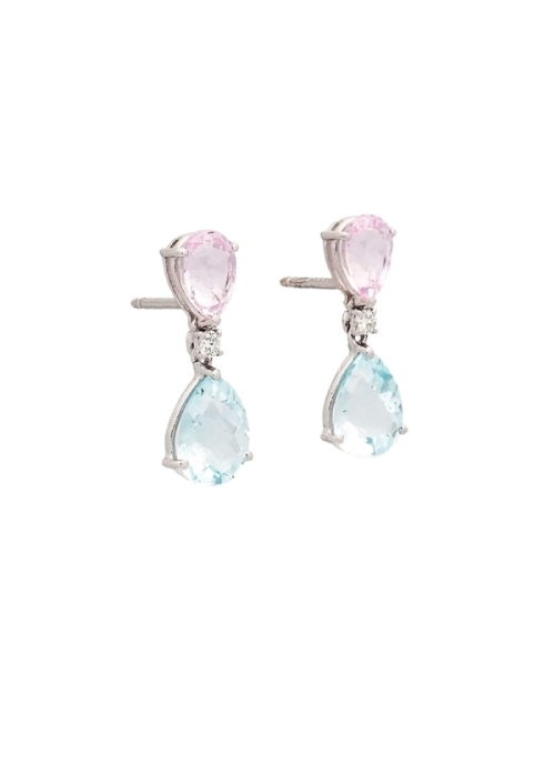 Pendientes de oro blanco de 18Kt, con kunzita talla pera encontrada con un topacio sky en talla perilla unidos por un diamante t