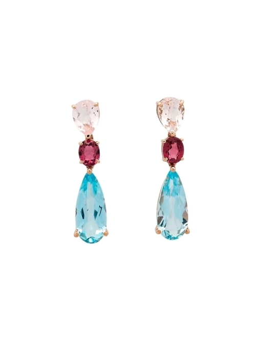 Pendientes de oro rosa de 18Kt, con una morganita talla pera encontrada con un topacio sky de talla perilla unidos por un granat