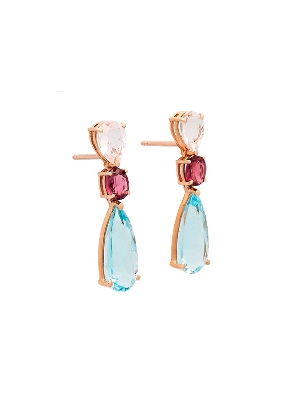 Pendientes de oro rosa de 18Kt, con una morganita talla pera encontrada con un topacio sky de talla perilla unidos por un granat